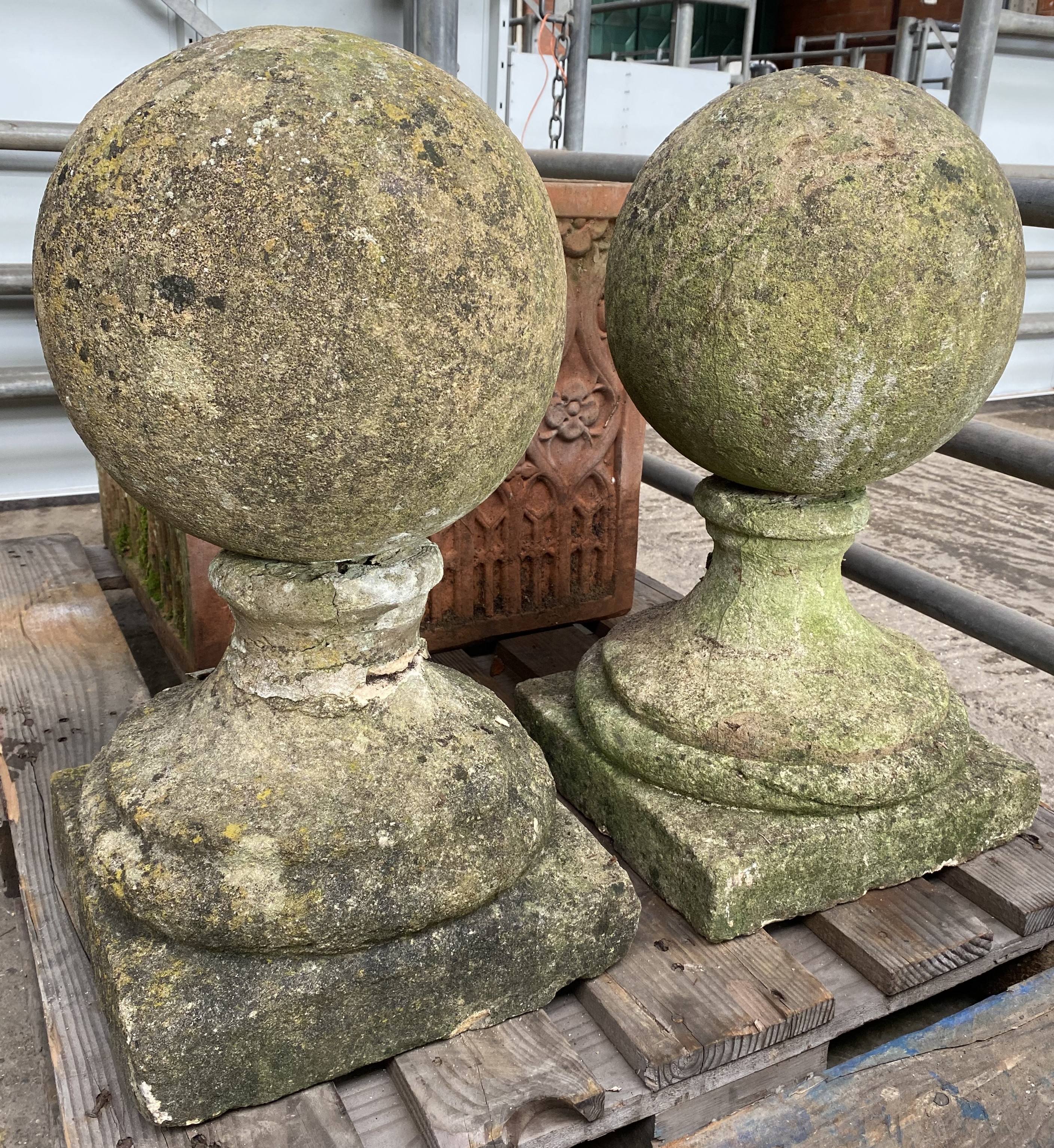Two cast stone balls on plinths. From the Estate of Dame Mary Quant - Image 2 of 4