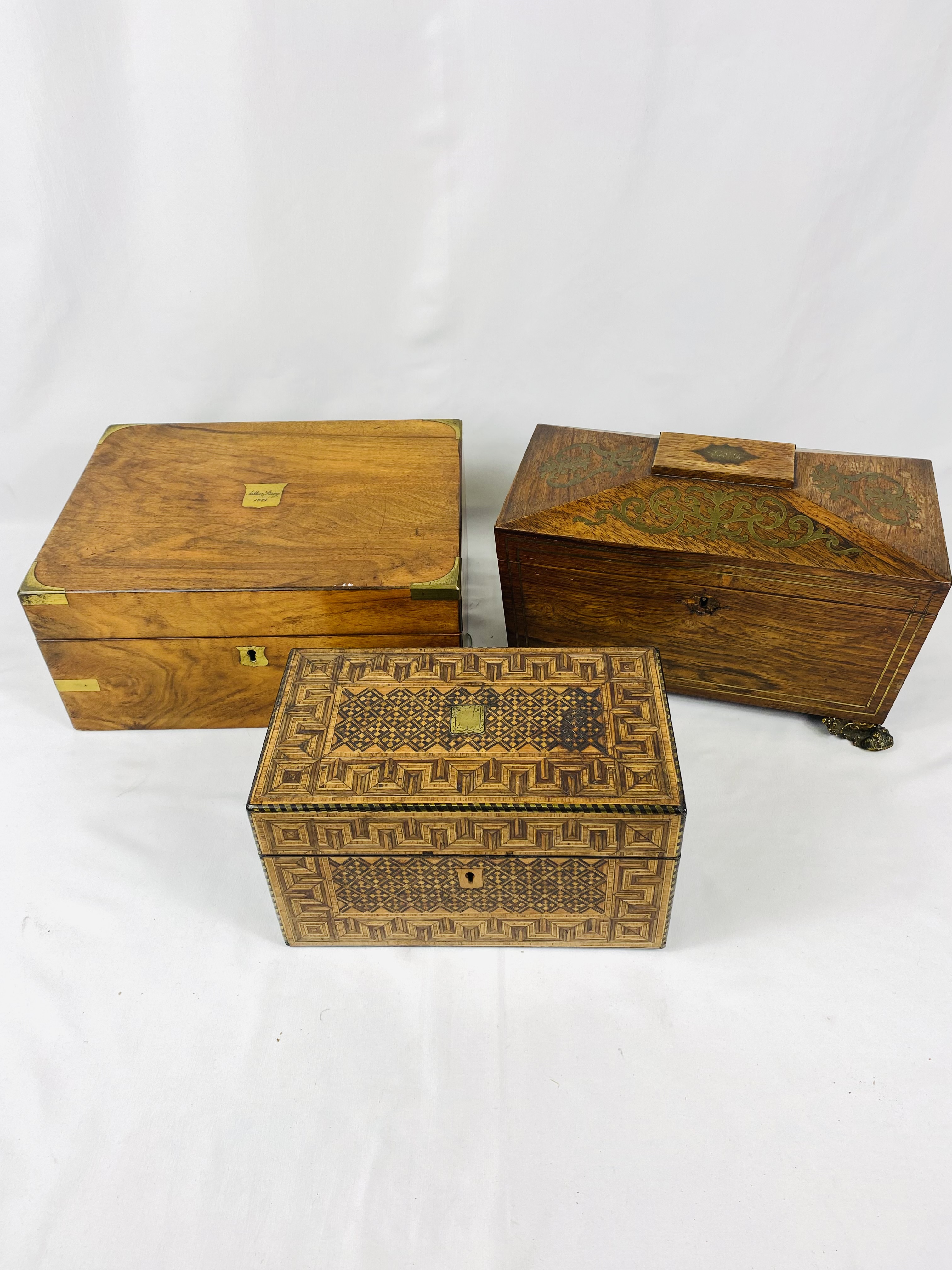 Mahogany writing slope together with two tea caddies