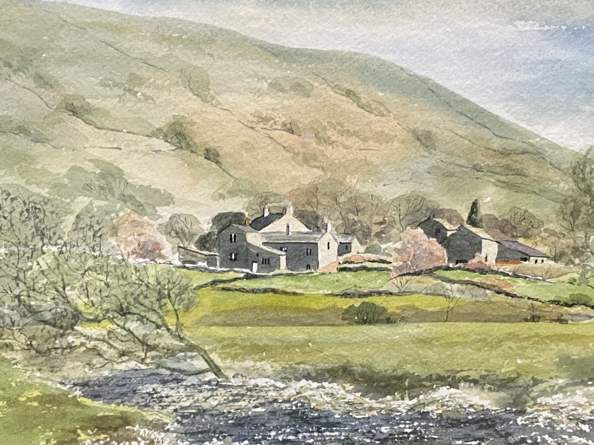 Framed and glazed watercolour of a hill farm, signed Angela Fallshaw - Image 4 of 5