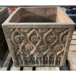 Terracotta planter with foliate decoration to sides. From the Estate of Dame Mary Quant