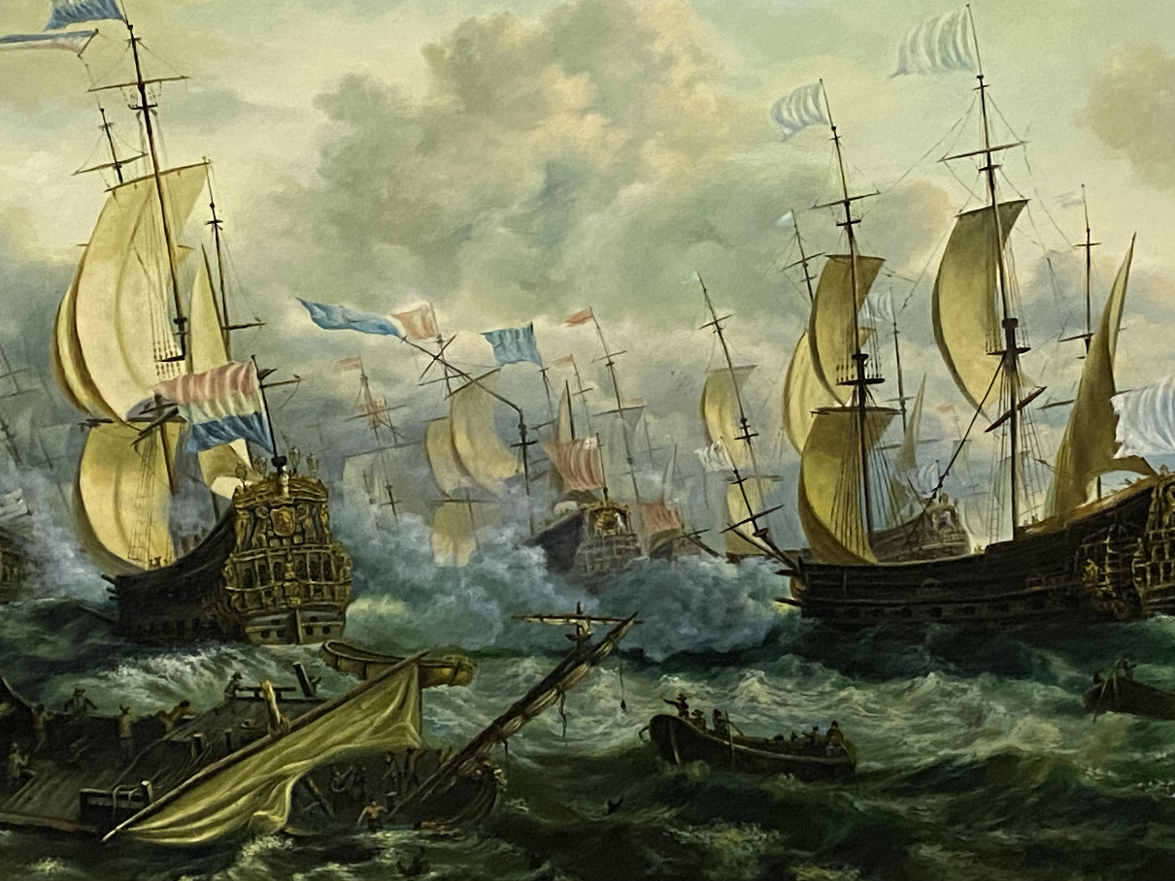 Framed oil on canvas of a naval battle