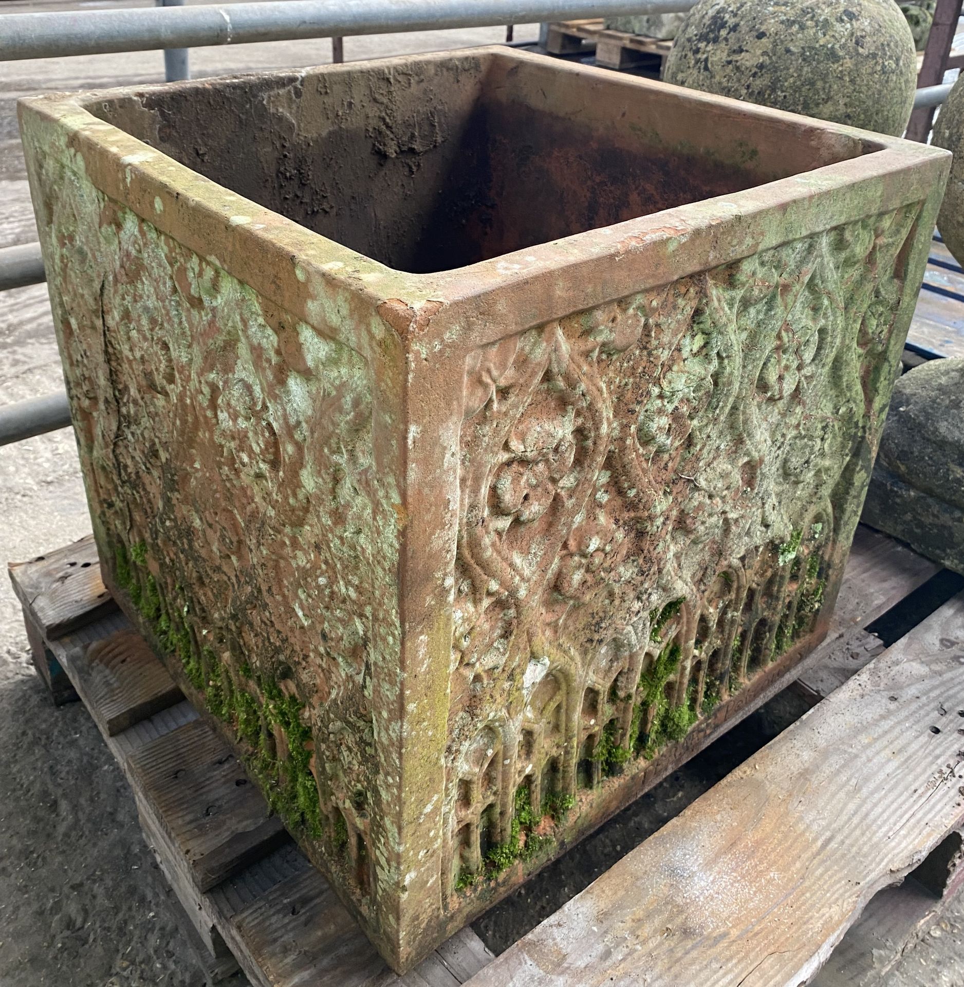 Terracotta planter with foliate decoration to sides. From the Estate of Dame Mary Quant - Image 5 of 5