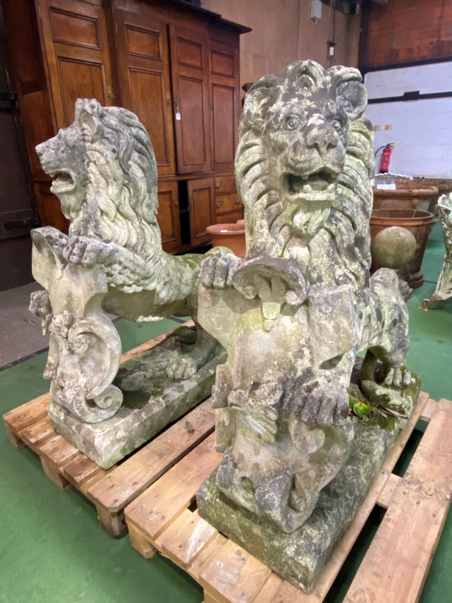 Pair of cast stone rearing lions. From the Estate of Dame Mary Quant - Image 2 of 11