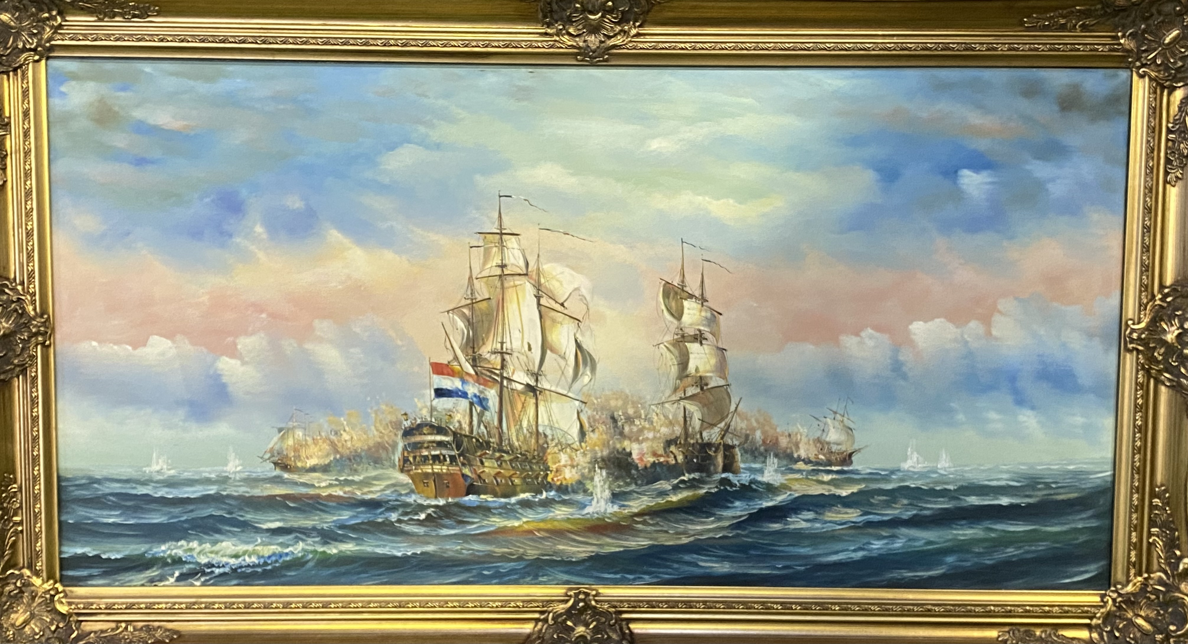 Framed oil on canvas of a naval battle - Image 3 of 4