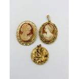 Two cameo brooches and a St Christopher pendant