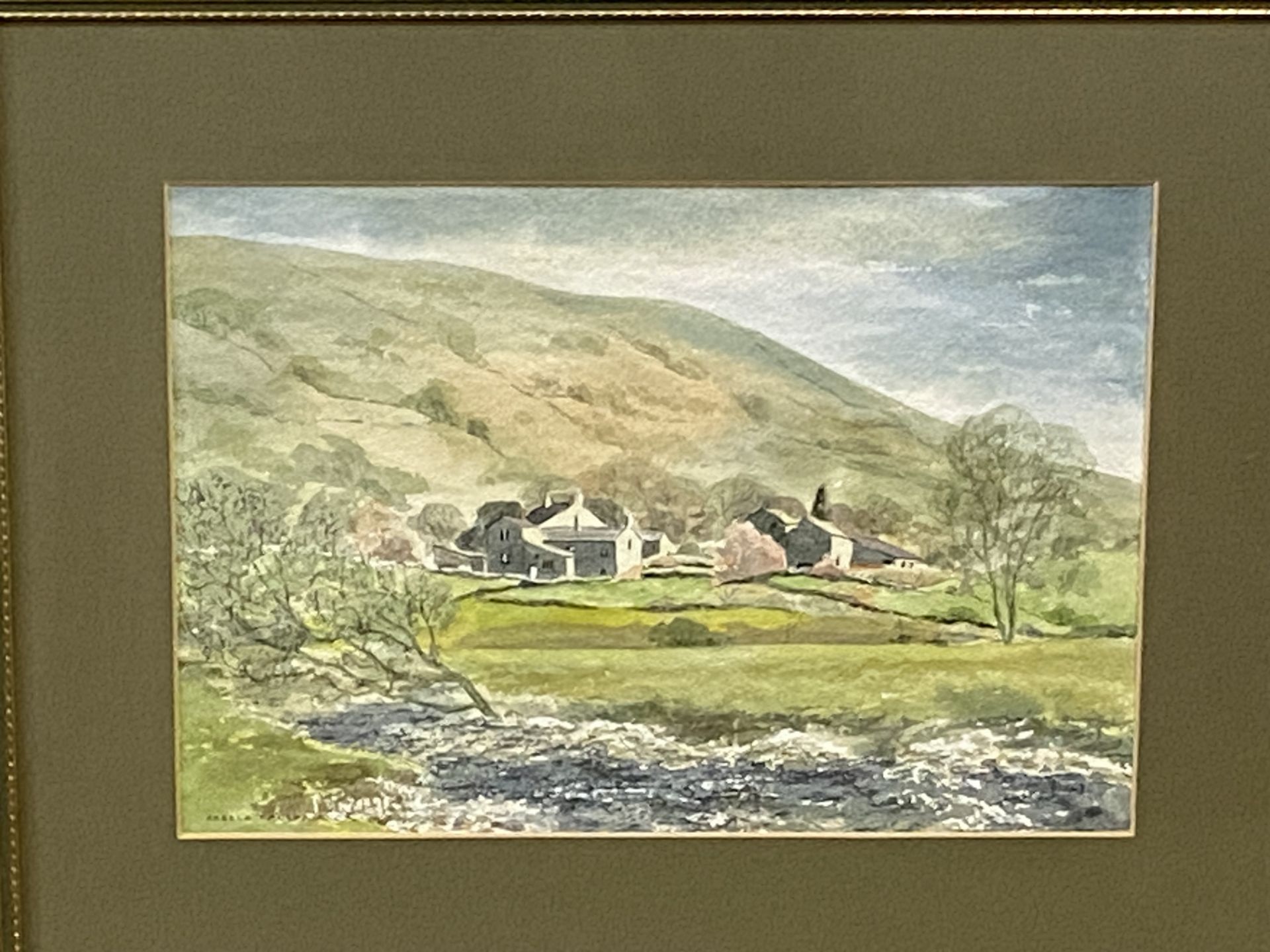 Framed and glazed watercolour of a hill farm, signed Angela Fallshaw - Image 2 of 5