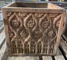 Terracotta planter with foliate decoration to sides. From the Estate of Dame Mary Quant