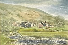 Framed and glazed watercolour of a hill farm, signed Angela Fallshaw