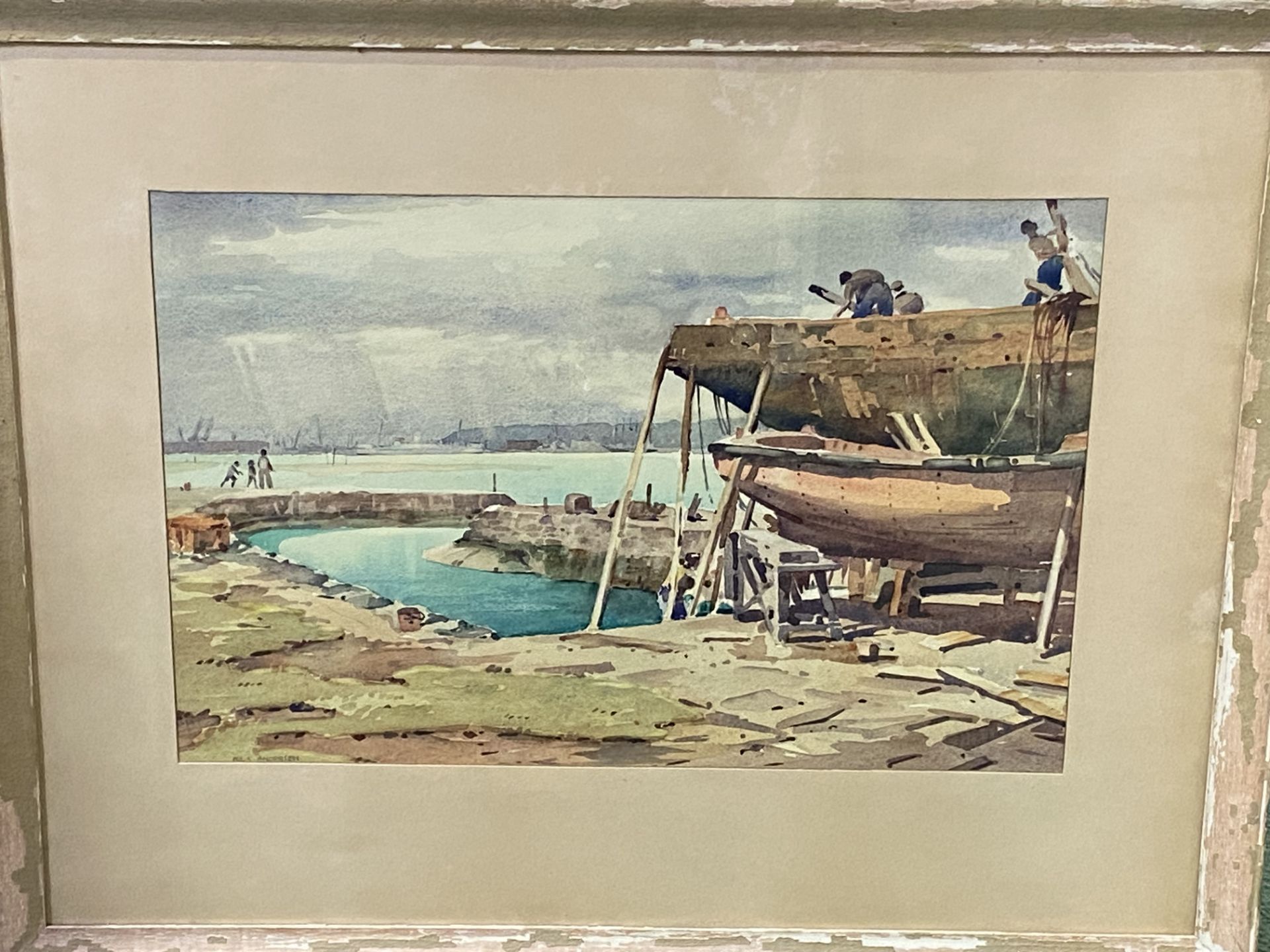 Nils Andersen (South African 1897-1972), framed and glazed watercolour of workers in a shipyard - Image 4 of 4