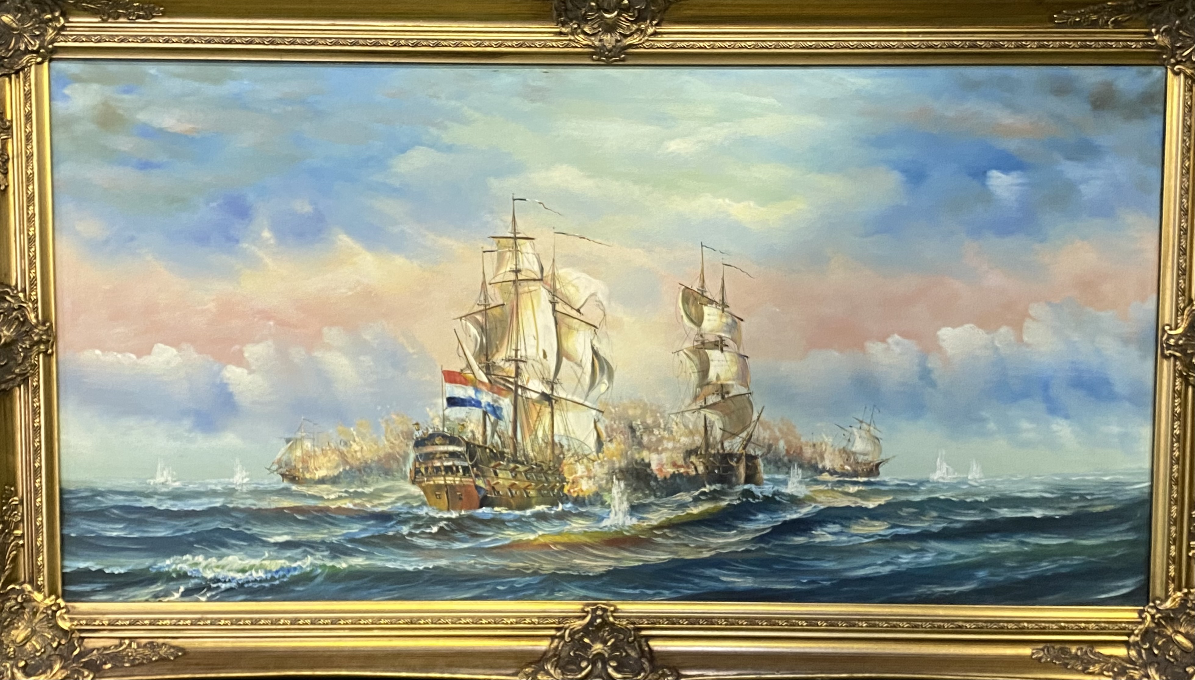 Framed oil on canvas of a naval battle - Image 2 of 4