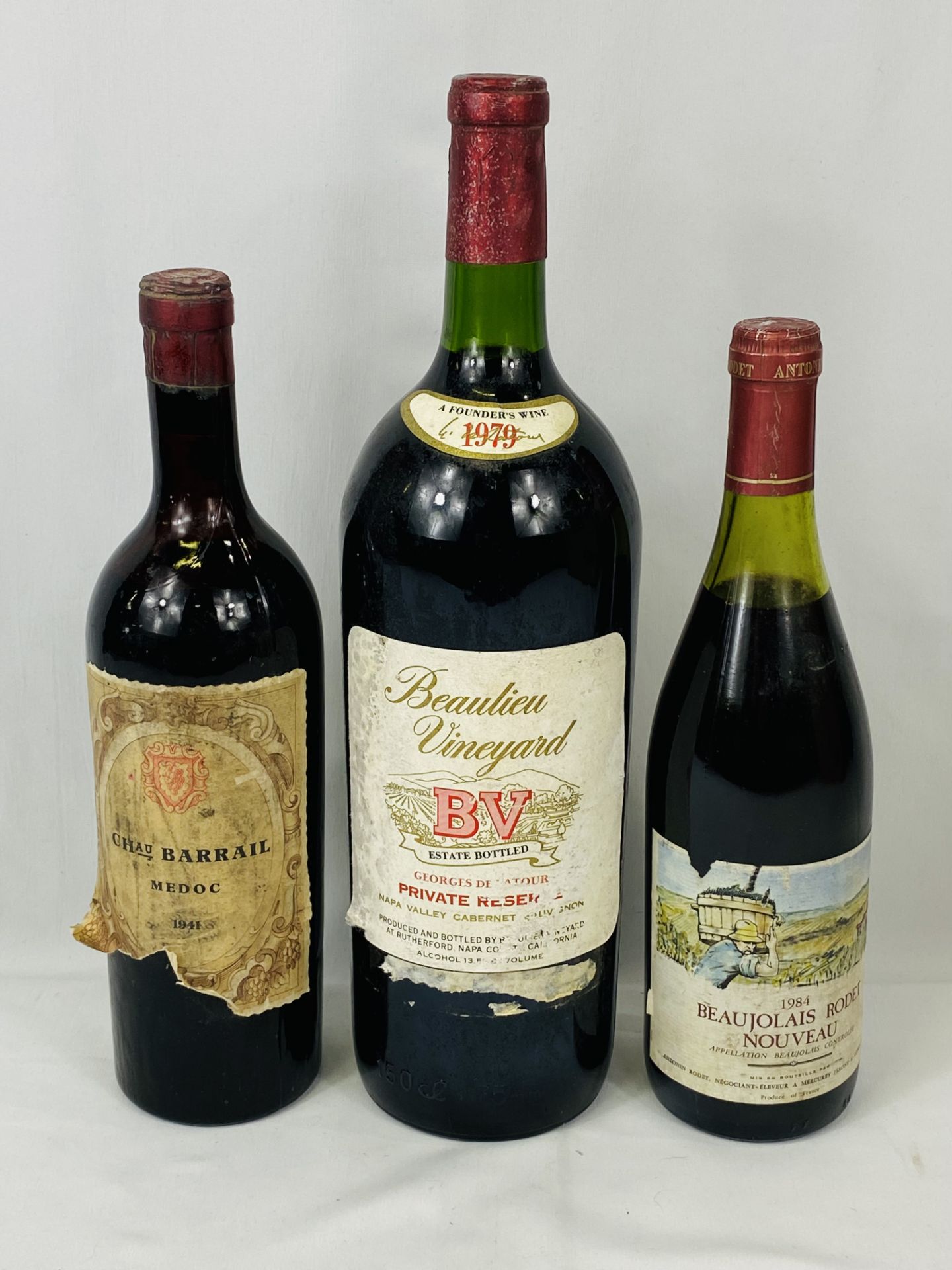 Magnum Beaulieu Vineyard Georges de Latour; Chateau Barrail 1941; Beaujolais Rodet 1984