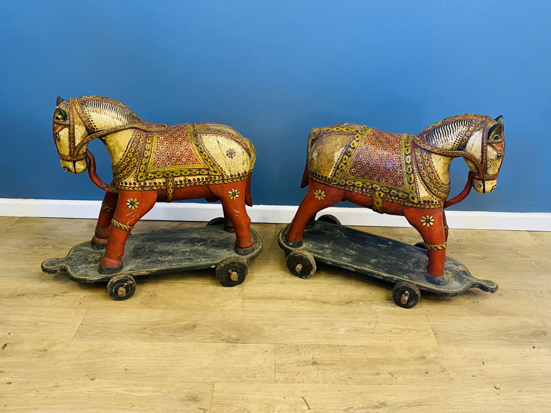 Two Middle Eastern wood horses on wheels. From the Estate of Dame Mary Quant - Image 2 of 4