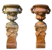 Pair of terracotta campagna form urns. From the Estate of Dame Mary Quant