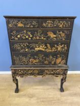 19th century black lacquer and chinoiserie chest on legs