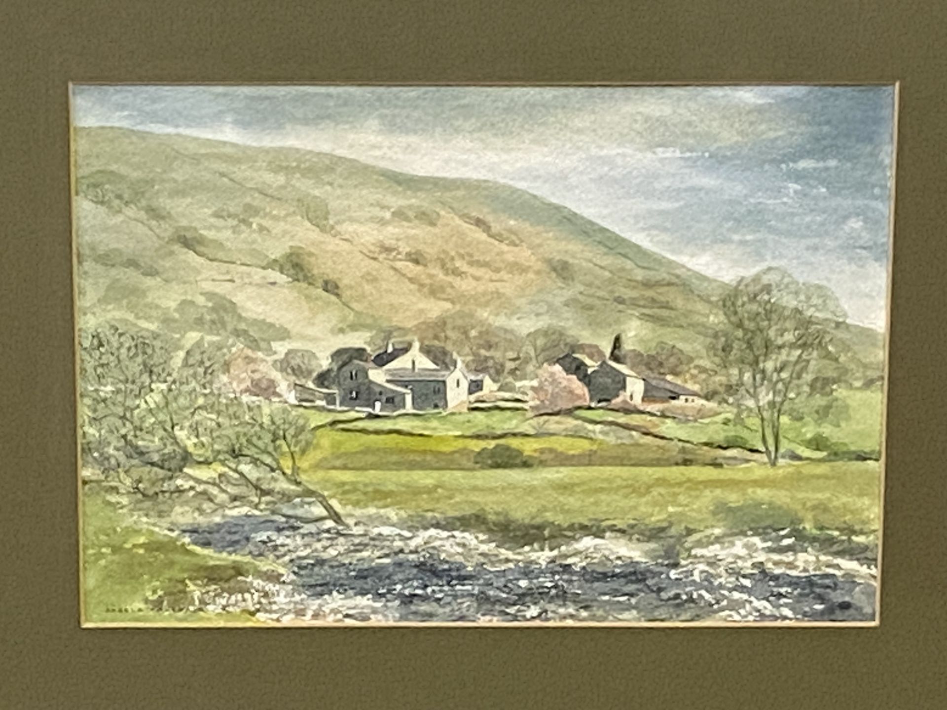 Framed and glazed watercolour of a hill farm, signed Angela Fallshaw - Image 3 of 5