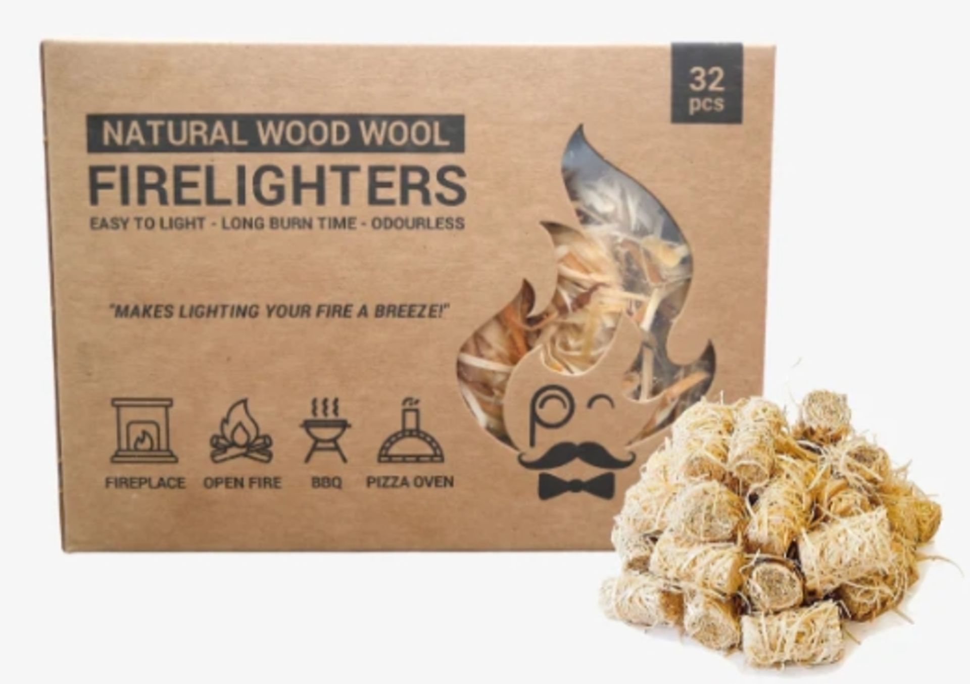 8 x Packs of Fandango Natural Wood Wool Firelighters - 32 x Firelighters Per Pack - New Stock -