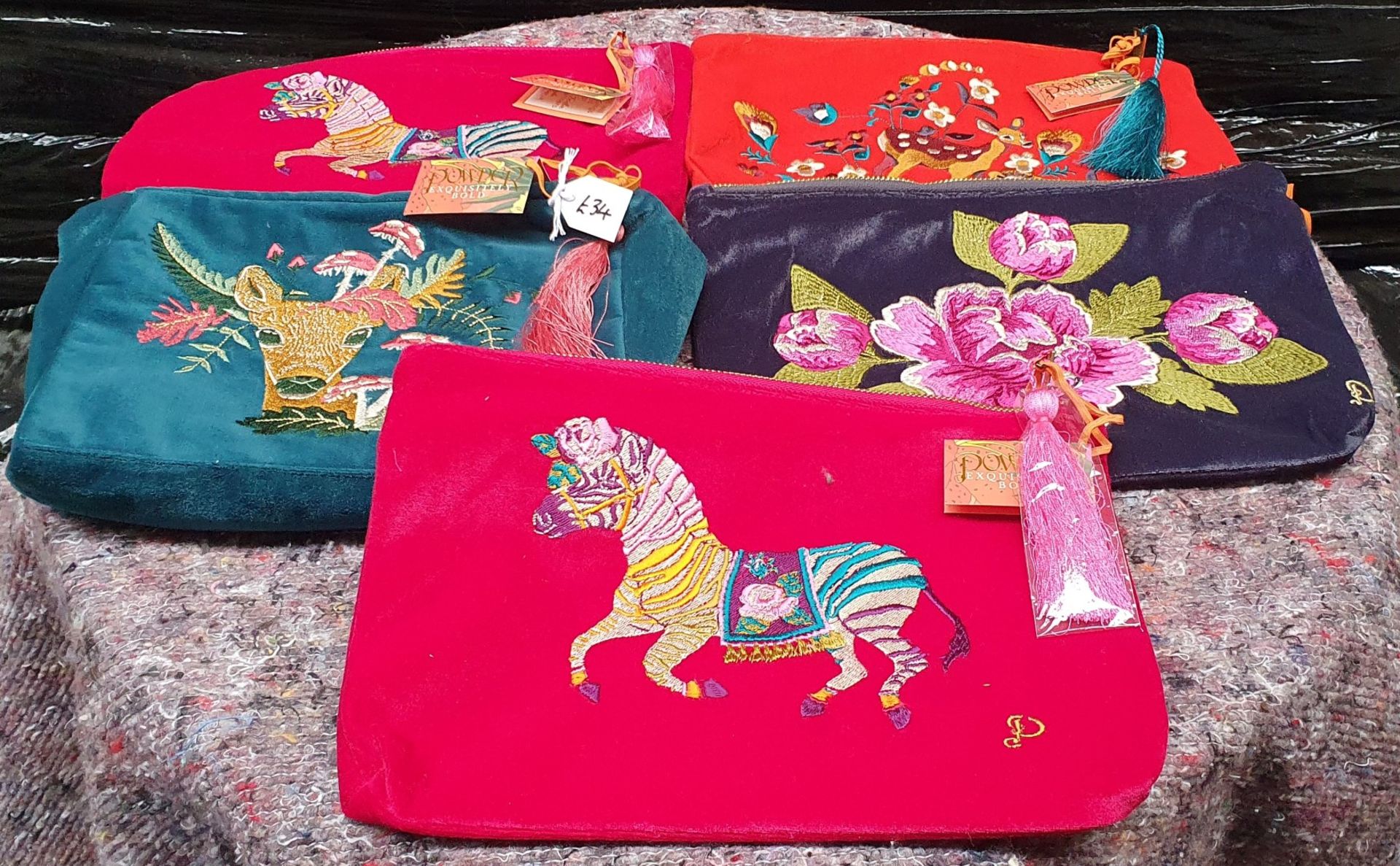 5 x Toiletries Bags By Powder Featuring a Velvet Material and Animal / Floral Stitched Designs - New - Image 2 of 7