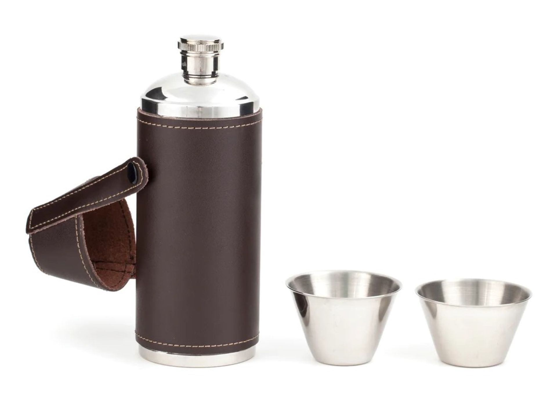 2 x Kikkerland 8oz Leather Clad Camping Flask Sets With Drinking Shot Cups - New Stock - RRP £60 - Image 2 of 5