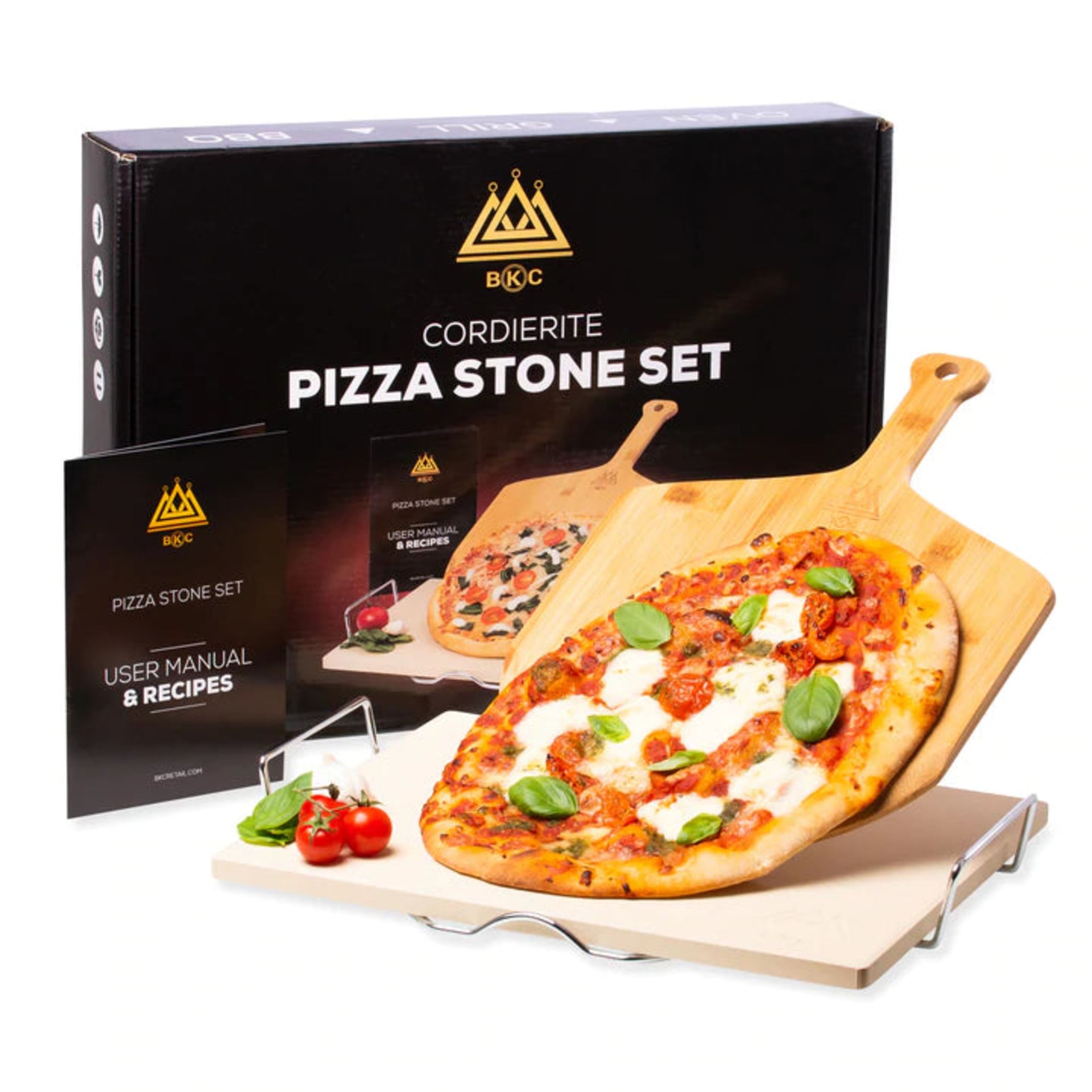 1 x BKC Cordierite Pizza Stone Set - Includes Pizza Stone, Paddle, Wire Rack and Recipe Manual - New