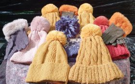 10 x Powder Woolly Bobble Hats and Velvet Gloves With Woolly Cuffs - New Stock - Ref: TCH242 - CL840