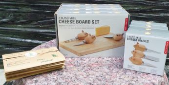 4 x Three Blind Mice Cheese Board and Knife Sets, 4 x Cheese Knife Sets and 4 x Vegan Wax Wraps -