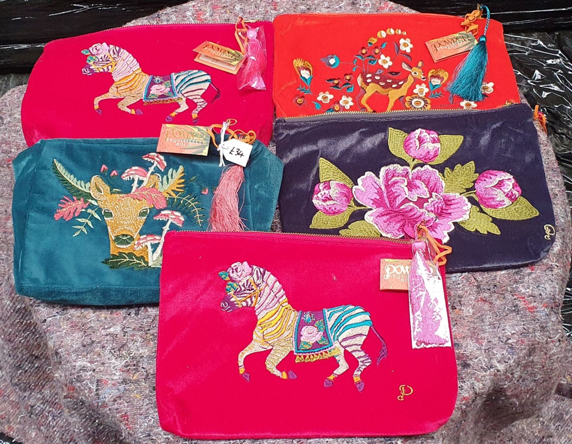 5 x Toiletries Bags By Powder Featuring a Velvet Material and Animal / Floral Stitched Designs - New