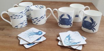 6 x Marine Coastal Themed Mugs With Matching Placemats - By Seakisses, At Home By The Sea - Fine