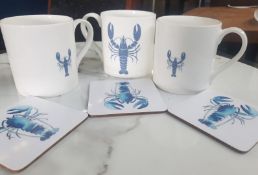 3 x Lobster Coastal Themed Mugs With Matching Placemats - By Seakisses, At Home By The Sea - Fine