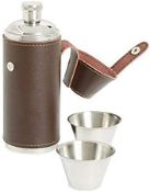 2 x Kikkerland 8oz Leather Clad Camping Flask Sets With Drinking Shot Cups - Suitable For Alcohol or