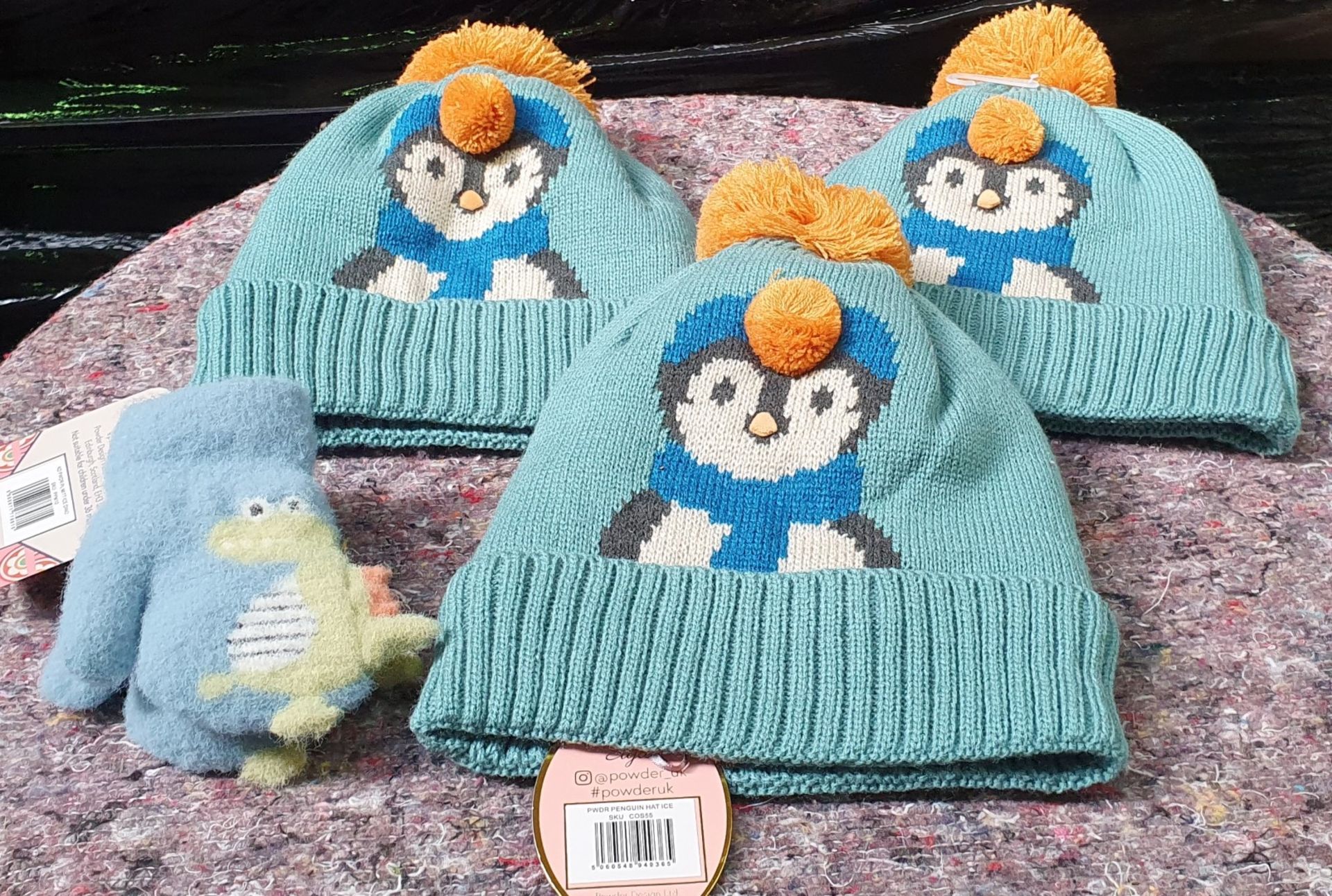 1 x Petite Powder Kids Penguin Bobble Hats and 1 x Pair of Kids Dino Mittens - New Stock - Ref: