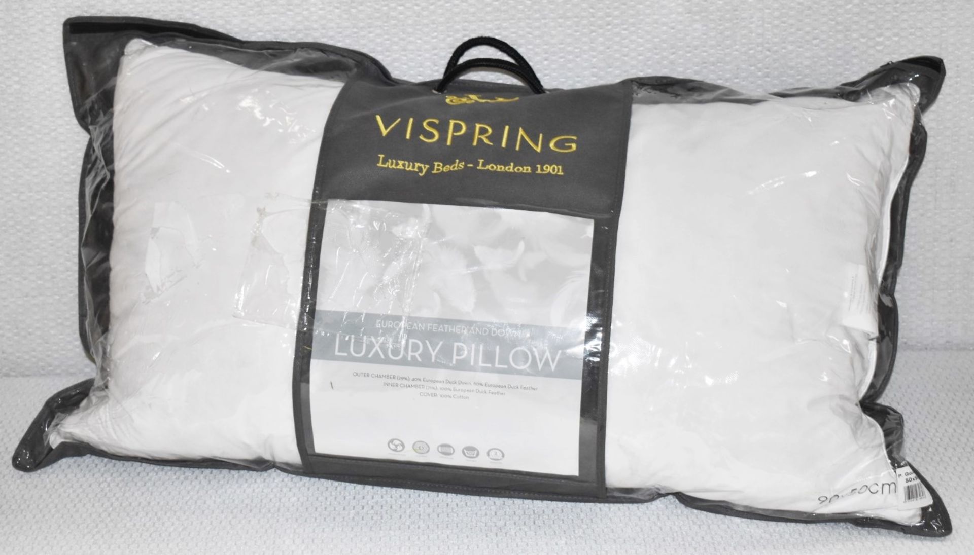 1 x VISPRING Luxury European Duck Feather & Down KINGSIZE Pillow, 90x50cm - Sealed Stock - Image 2 of 4