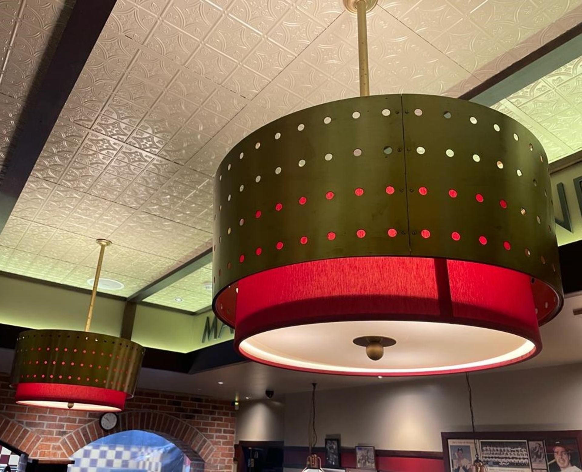 2 x Suspended Light Fittings With Perforated Brass and Red Drum Shades - Approx Diameter 100cms - Image 3 of 3