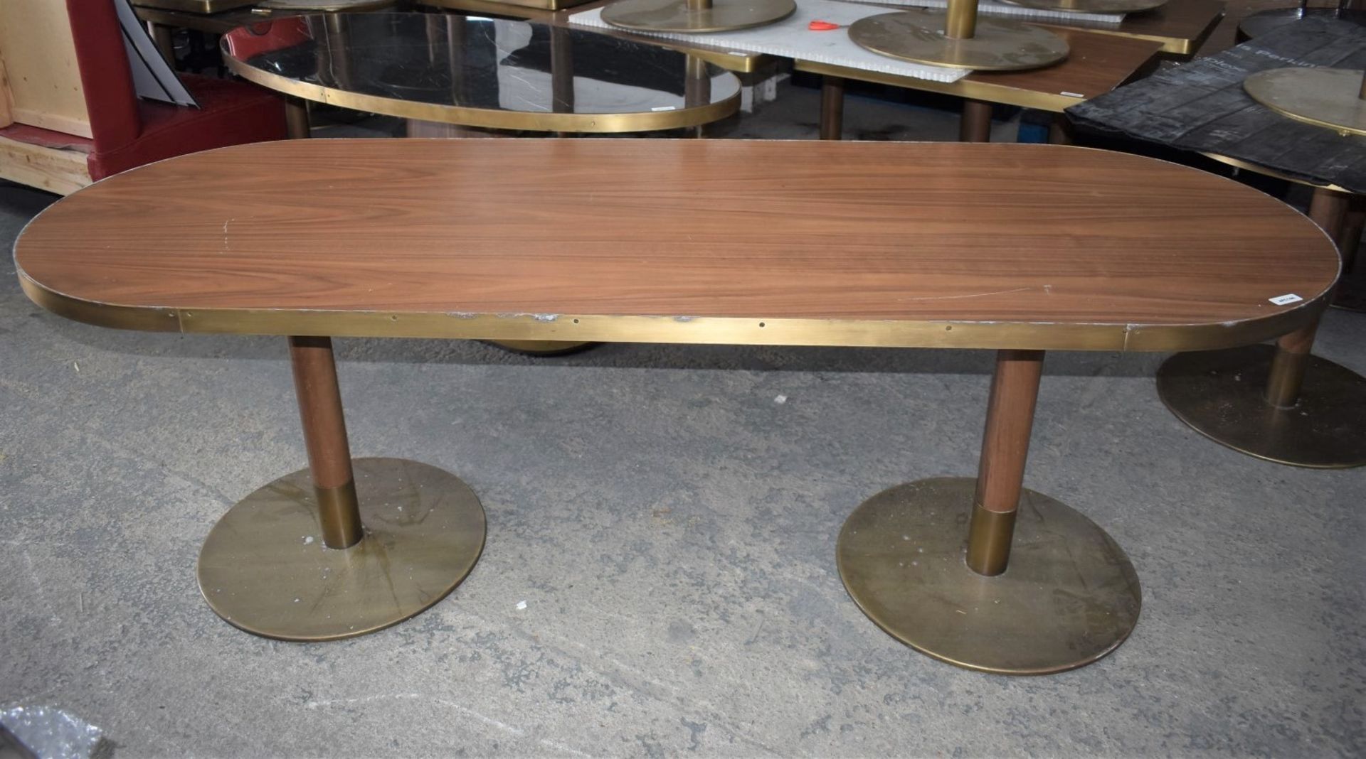 1 x Oval Banqueting Dining Table By AKP Design Athens - Walnut Top With Antique Brass Edging - Image 9 of 16