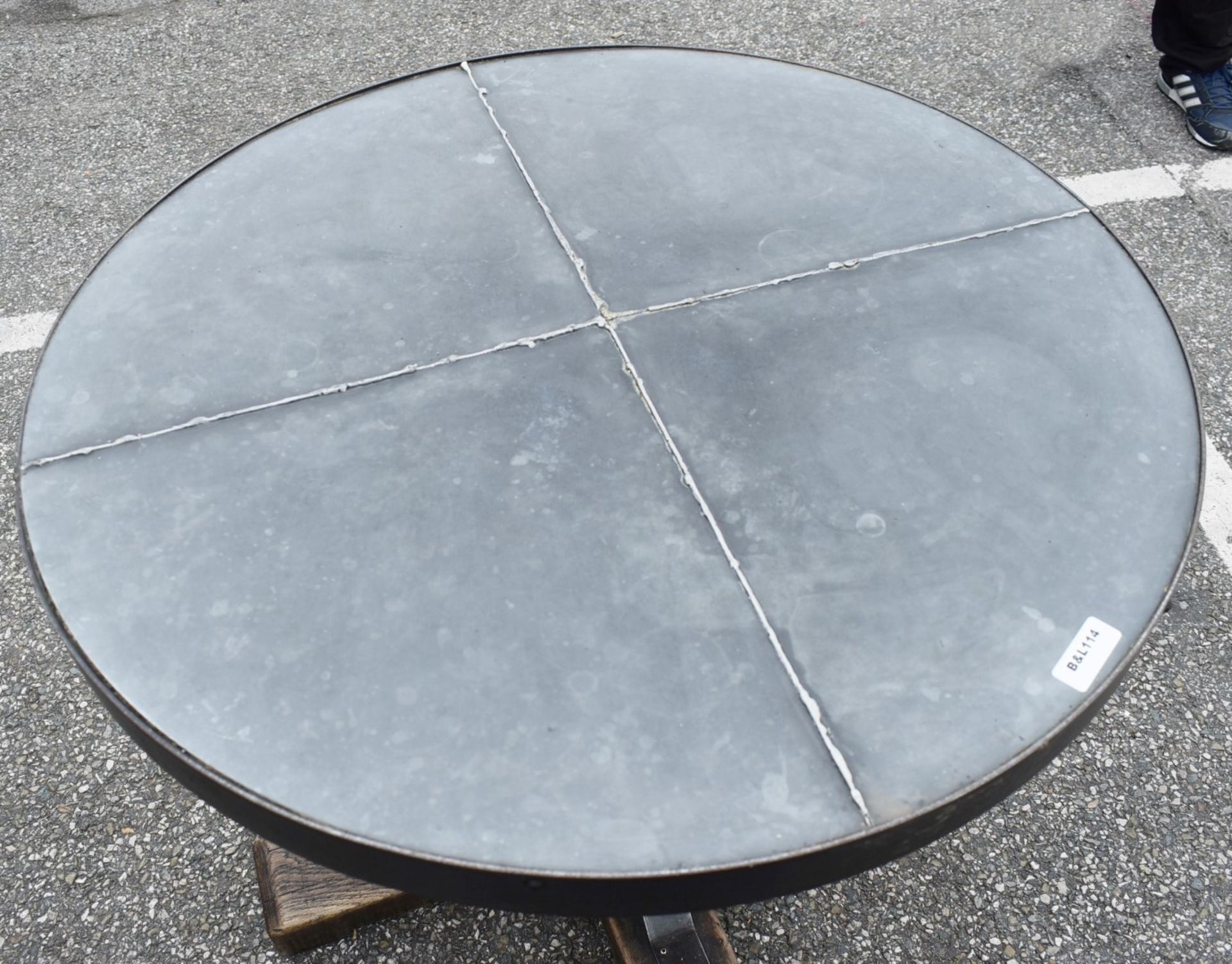 1 x Industrial 80cm Restaurant Table - Stone Style Top With Steel Edging and a Rustic Timber Base - Image 3 of 5