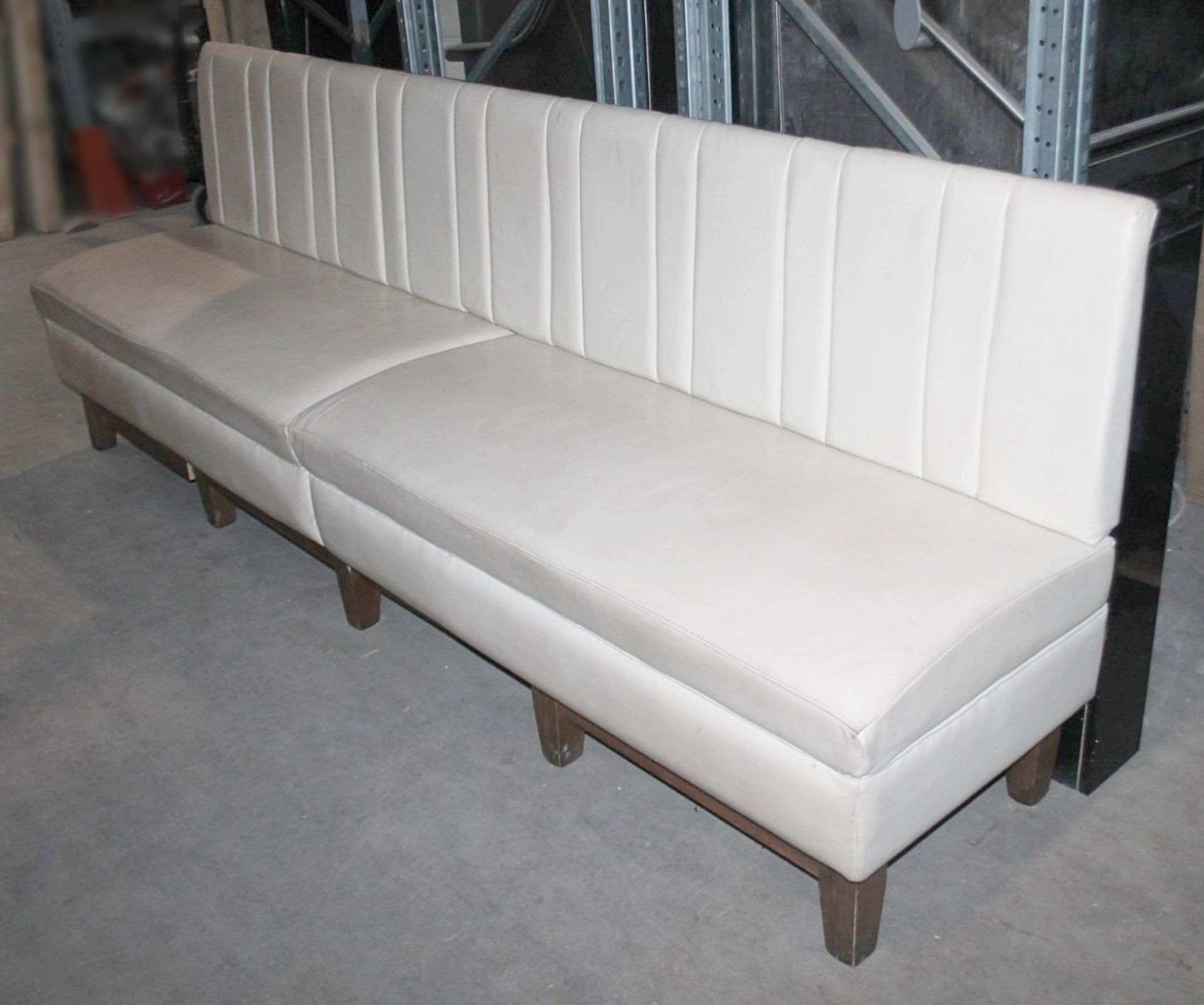 1 x Upholstered 2.7-Metre Long Restaurant Seating Bench In Cream With A Quartz Covered Back Frame - Image 3 of 7