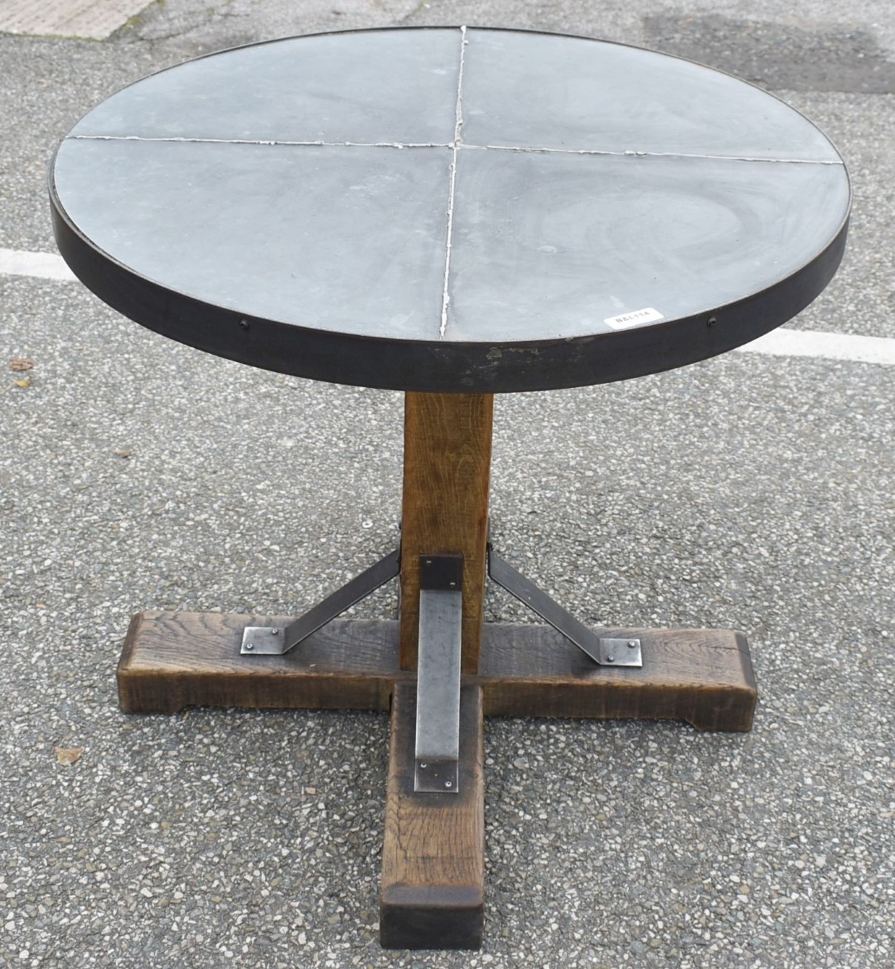 1 x Industrial 80cm Restaurant Table - Stone Style Top With Steel Edging and a Rustic Timber Base - Image 4 of 5