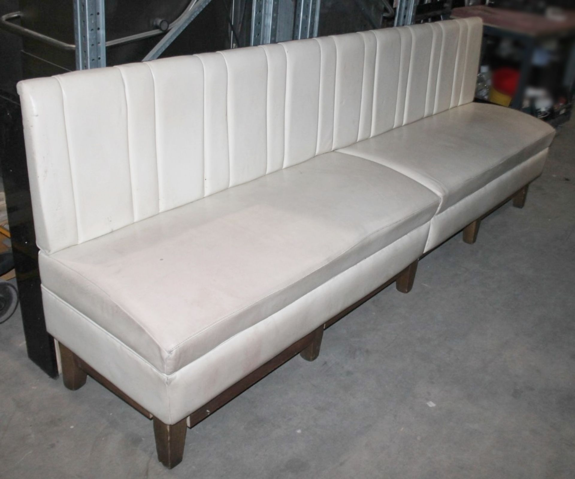 1 x Upholstered 2.7-Metre Long Restaurant Seating Bench In Cream With A Quartz Covered Back Frame - Image 4 of 7