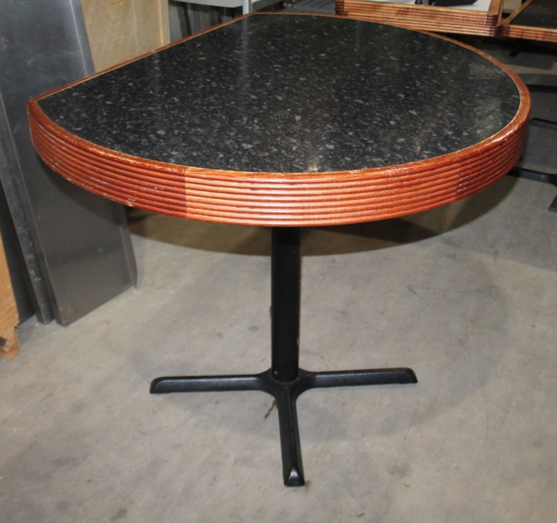 2 x Restaurant Semi-Circle Dining Tables With Granite Style Surface, Wooden Edging and Cast Iron - Image 3 of 4