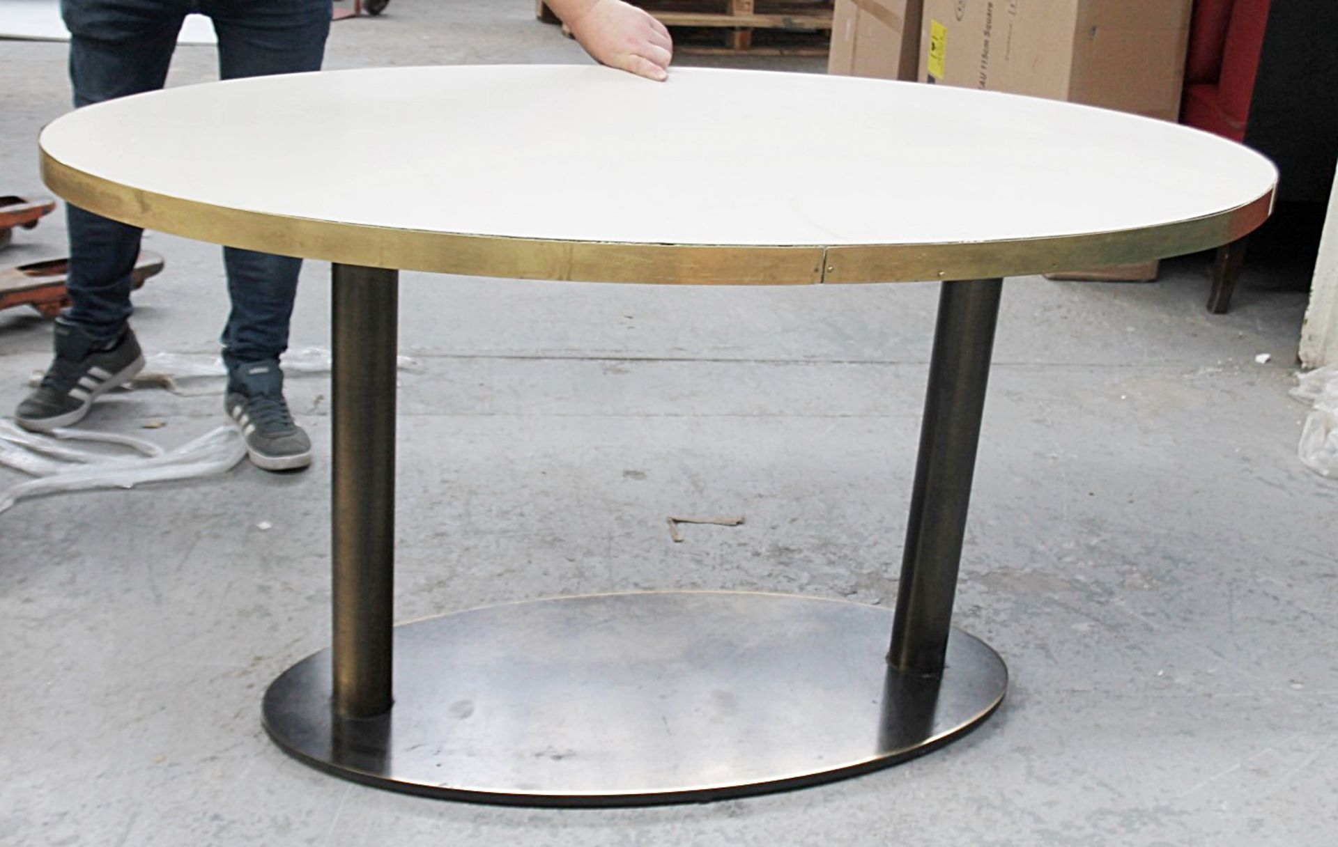 A Pair Of Oval Commercial Bistro Tables With A Brass Trim And Sturdy Metal Bases *Read Description* - Image 4 of 7