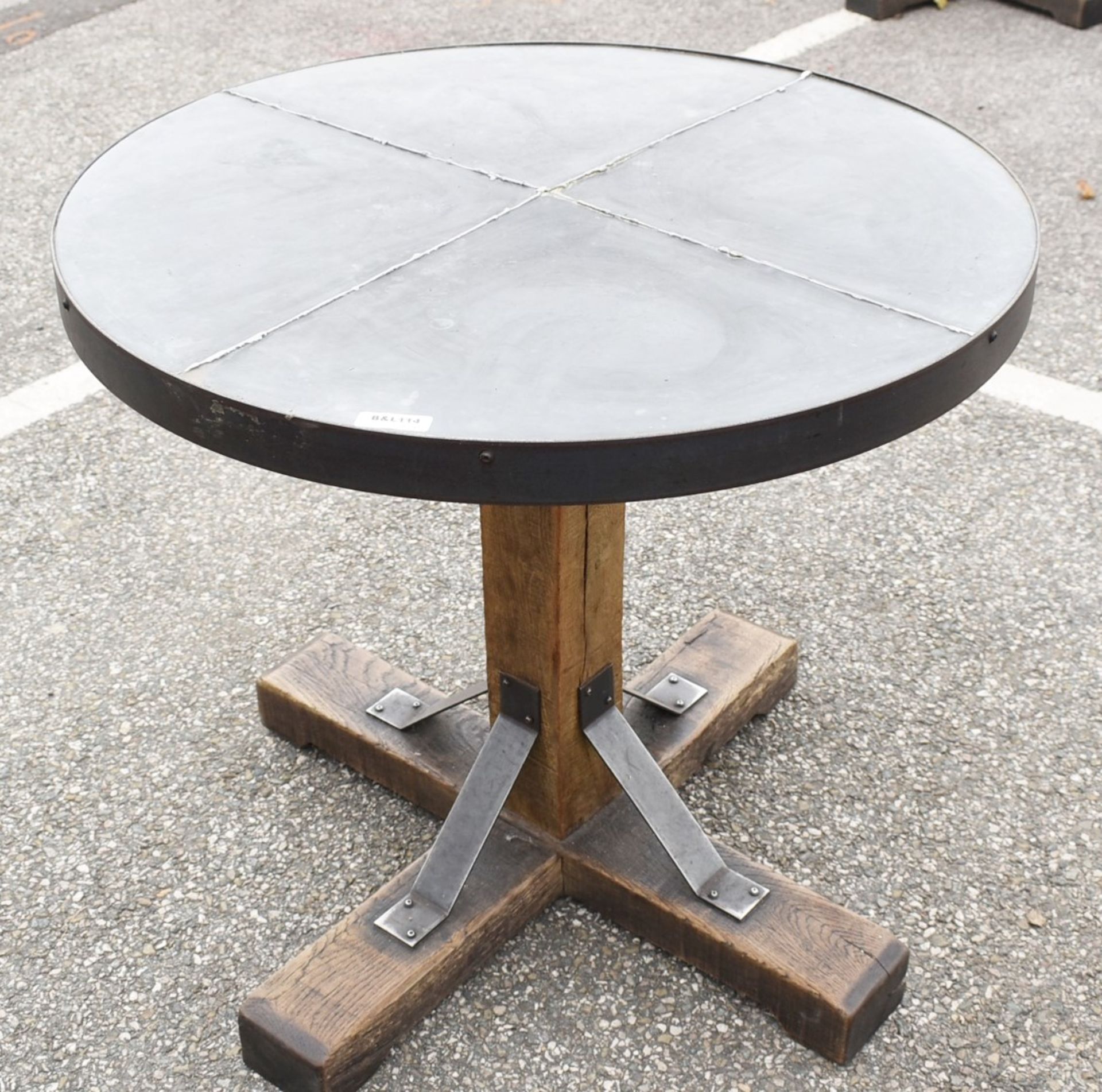 1 x Industrial 80cm Restaurant Table - Stone Style Top With Steel Edging and a Rustic Timber Base - Image 5 of 5