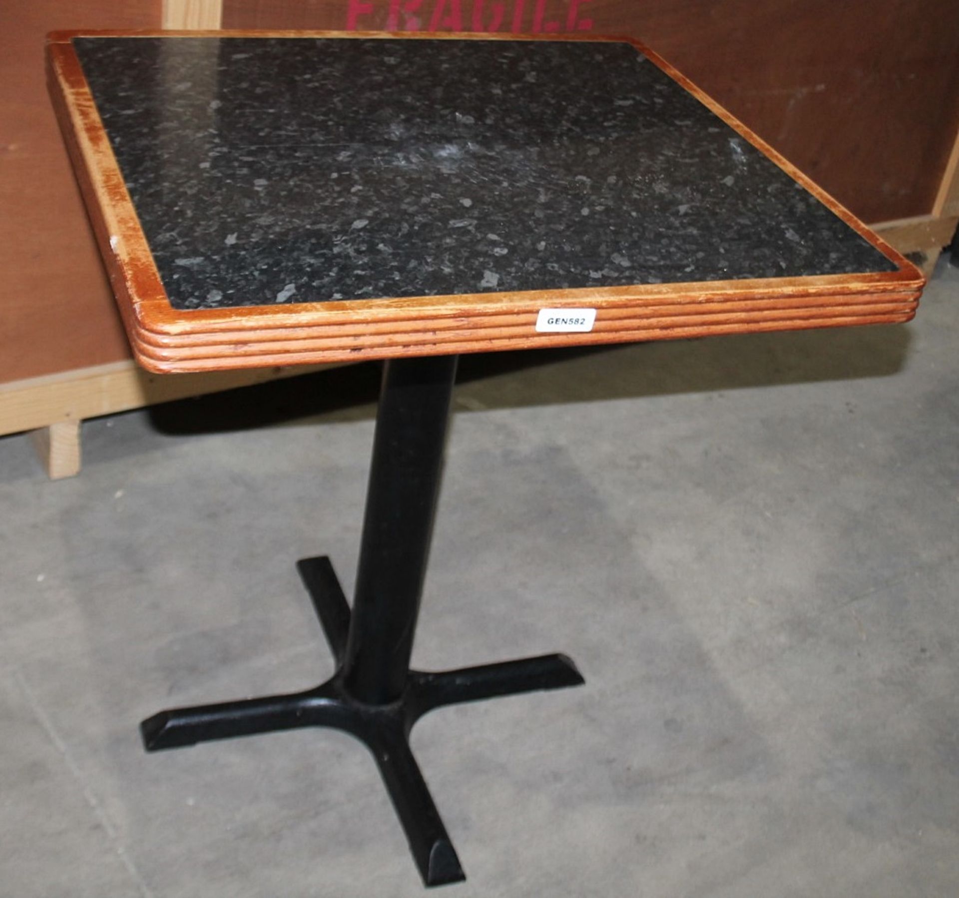 4 x Square Restaurant Dining Tables With Granite Style Surface, Wooden Edging and Cast Iron - Image 2 of 2