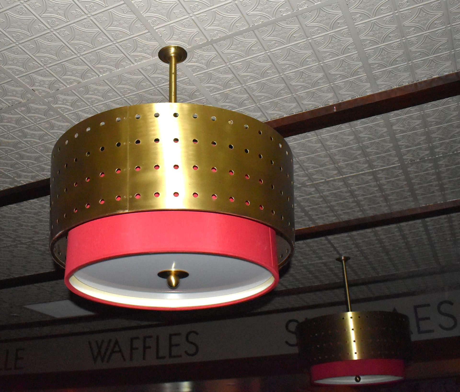 2 x Suspended Light Fittings With Perforated Brass and Red Drum Shades - Approx Diameter 100cms - Image 2 of 3