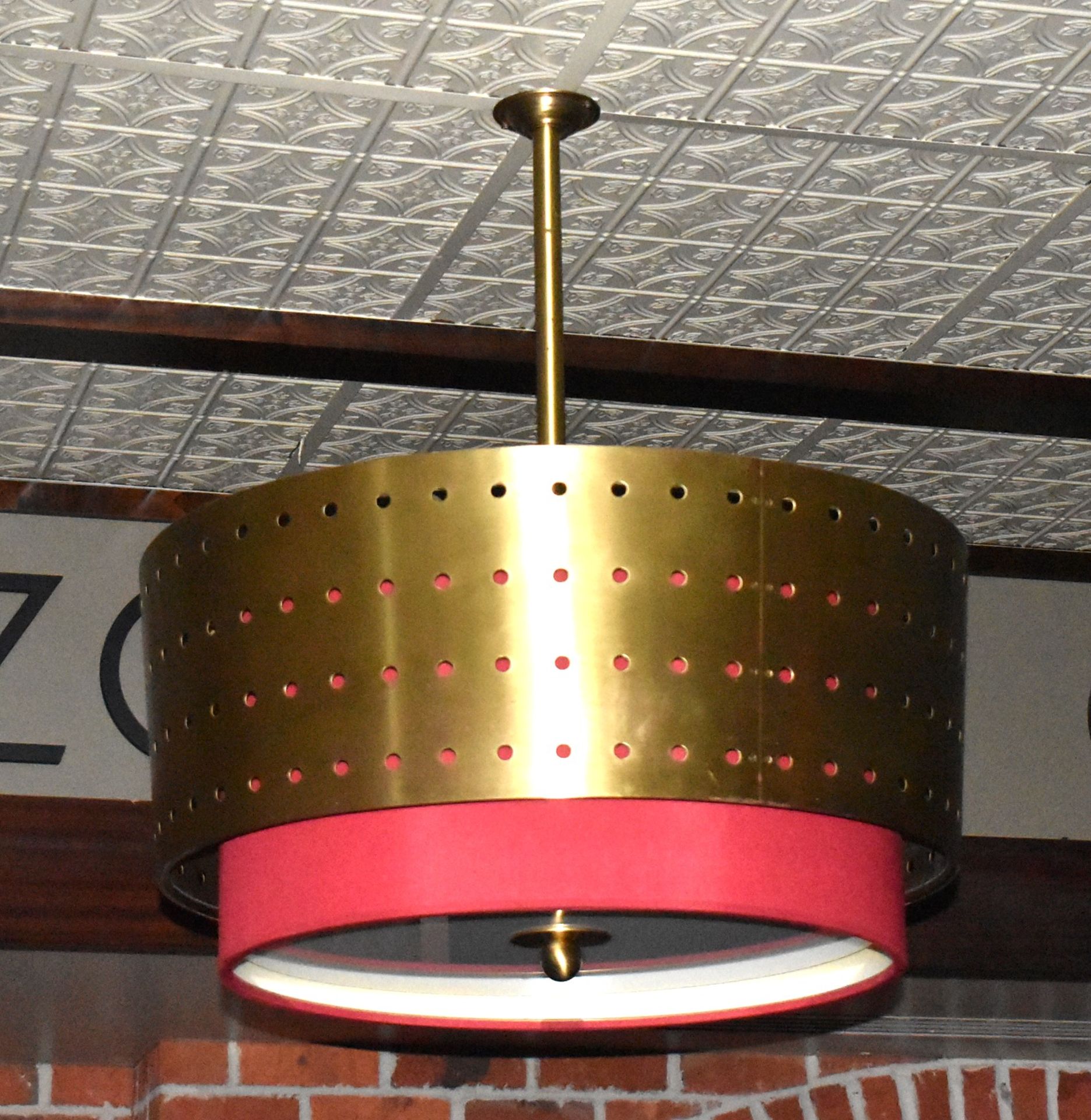 2 x Suspended Light Fittings With Perforated Brass and Red Drum Shades - Approx Diameter 100cms