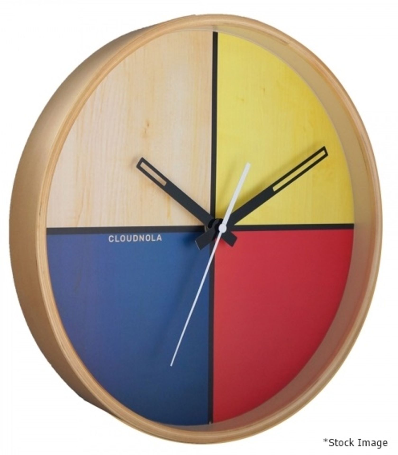 1 x CLOUDNOLA Contemporary Flur Yellow, Red, Blue & Birch Wall Clock With Offset Wooden Rim 30cm