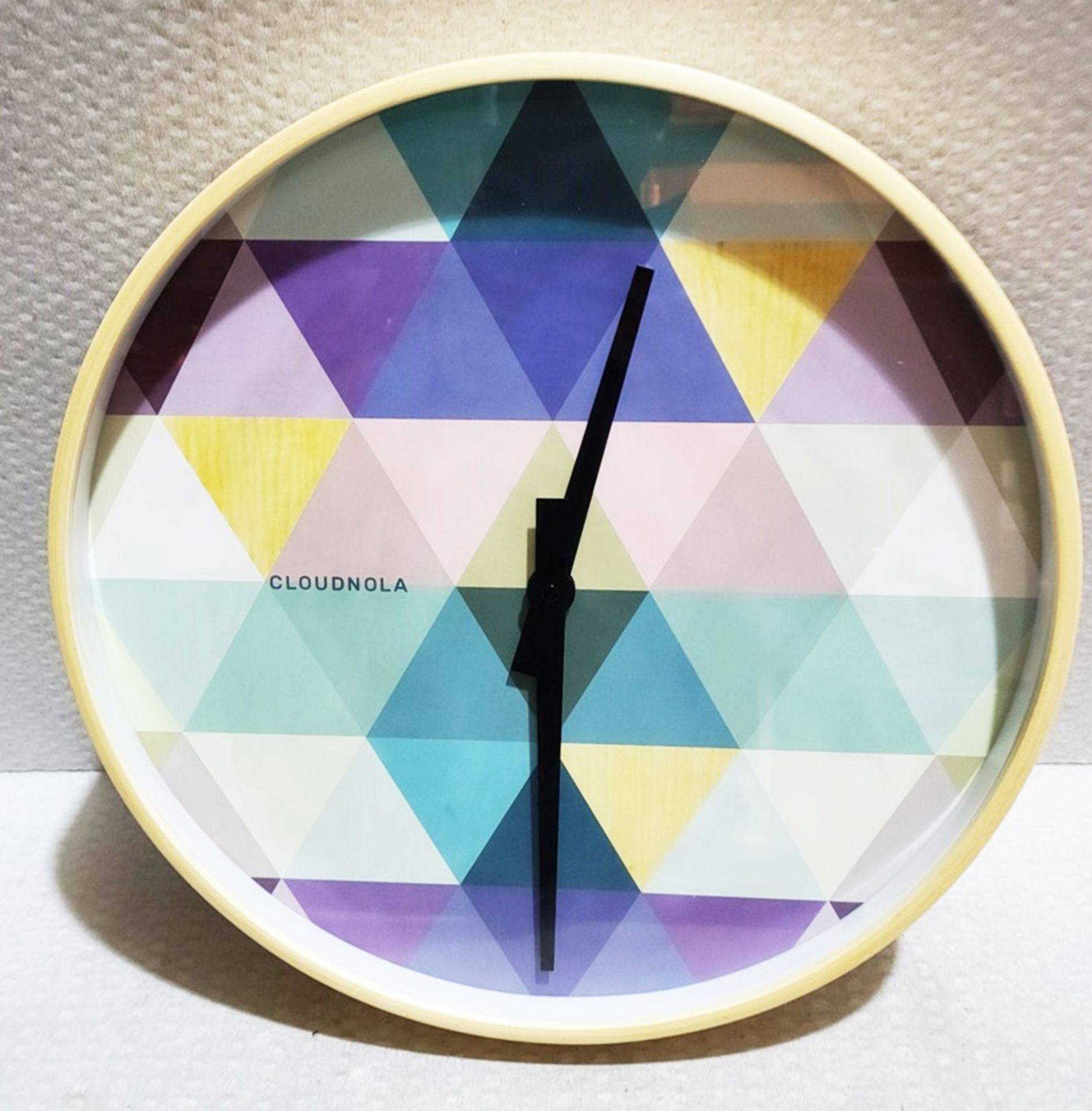 1 x CLOUDNOLA Tonic Blue Wooden Wall Clock With Geometric Pastel Patterned Birch Wood 40cm - Boxed - Image 4 of 7