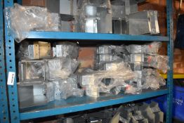 2 x Metal Storage Shelves With Contents - Pipe Holders, Galvanised Sections, Tube Lighting and More