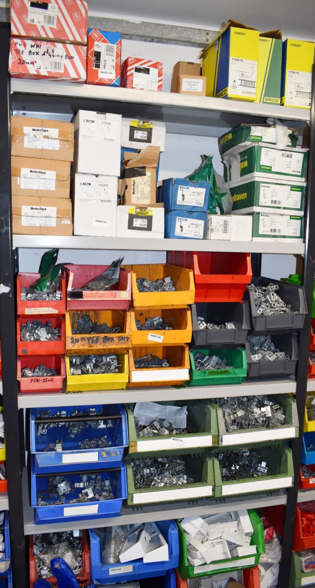 28 x Linbins With Contents & Approx 30 Boxes of Stock - Britclips, Rod Clips, Conduit Clips & More