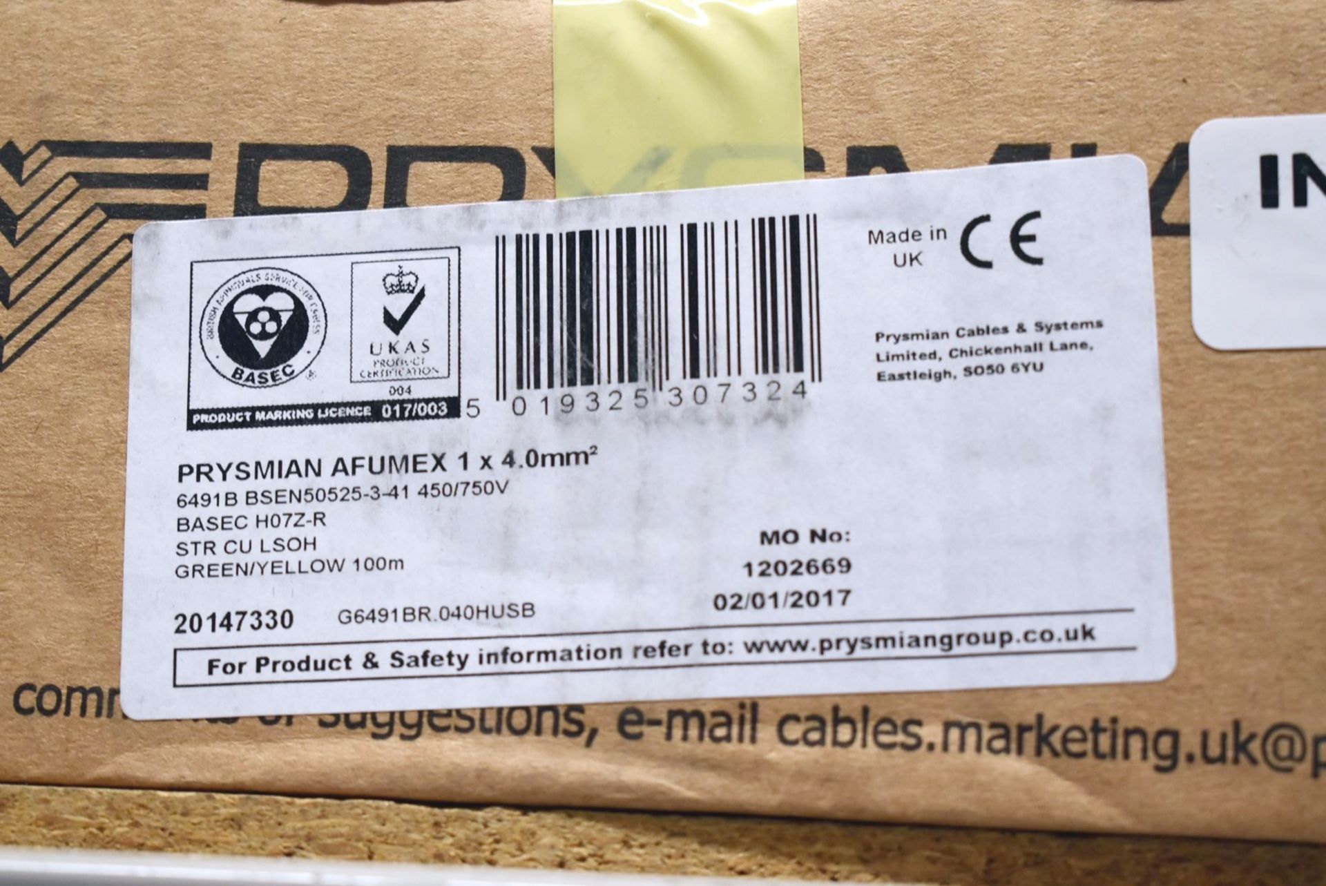2 x Reels of Prysmian Afumex 4mm 100m Green/Yellow H07Z-R 6491B Cable - Unused Boxed Stock - Image 2 of 2