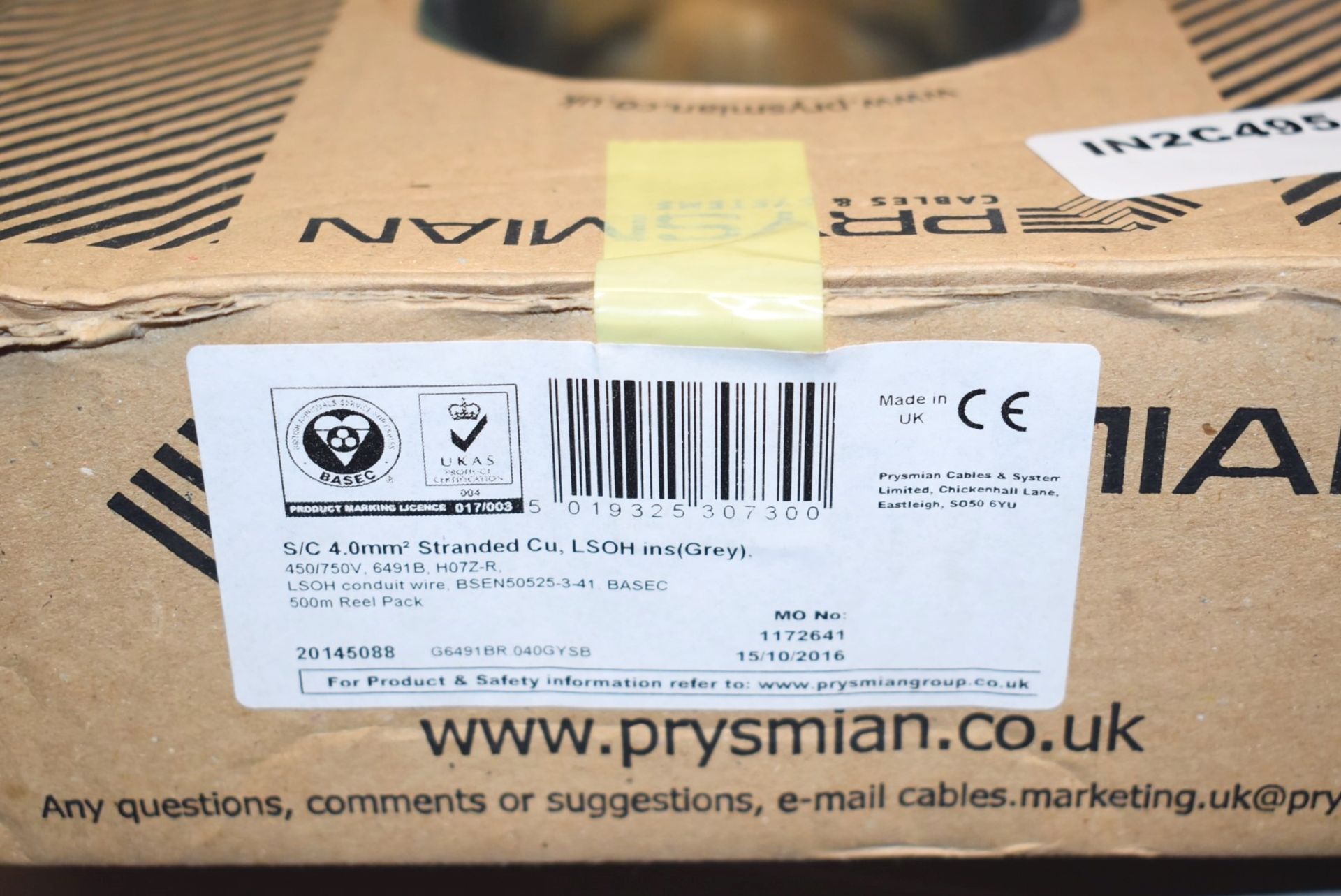 1 x Reel of Prysmian 4mm 500m Single Core Grey 6491B Electrical Cable - Unused Boxed Stock - Image 2 of 2