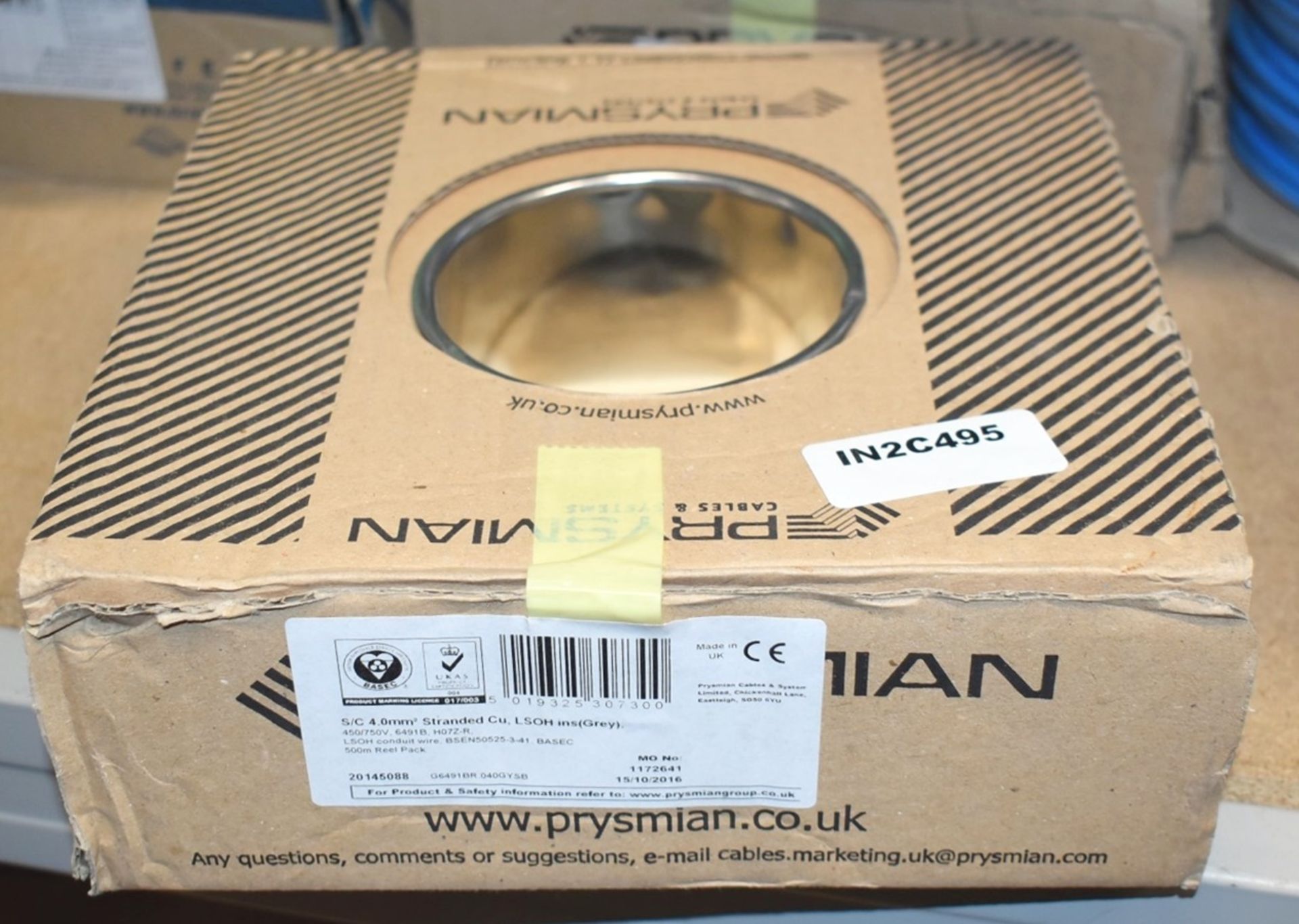 1 x Reel of Prysmian 4mm 500m Single Core Grey 6491B Electrical Cable - Unused Boxed Stock